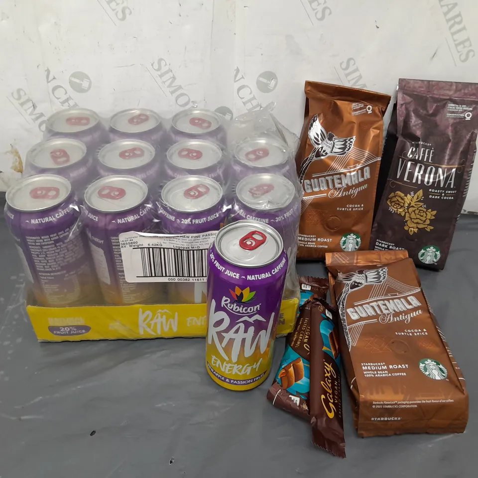 APPROXIMATELY 15 ASSORTED FOOD AND DRINK TO INCLUDE RUBICON RAW ENERGY DRINK PINEAPPLE & PASSION FRUIT, STARBUCKS CAFFE VERONA, STARBUCKS GUATEMALA ANTIGUA 