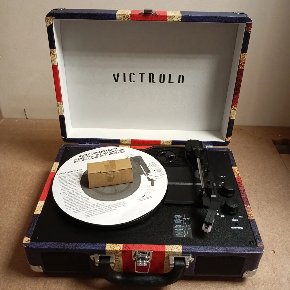 VICTROLA PORTABLE RECORD PLAYER IN UNION JACK CASE