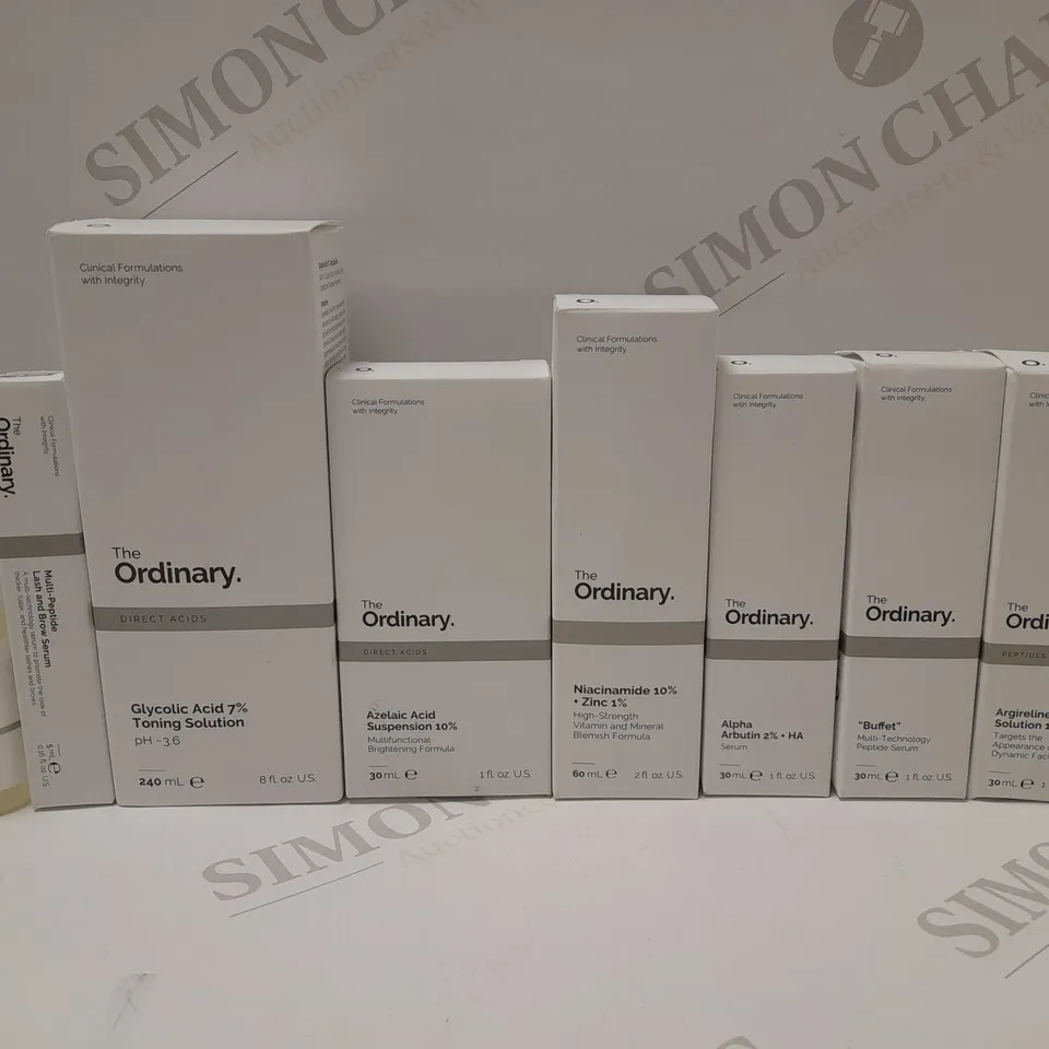 LOT OF APPROX 8 ASSORTED THE ORDINARY PRODUCTS TO INCLUDE GLYCOLIC ACID TONING SOLUTION 240ML, AZELAIC ACID SUSPENSION 10% BRIGHTENING FORMULA 30ML, ARGIRELINE SOLUTION 10% 30ML, ETC 