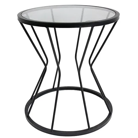 BOXED BOURTON METAL ROUND SIDE TABLE WITH GLASS TOP AND BLACK FRAME 
