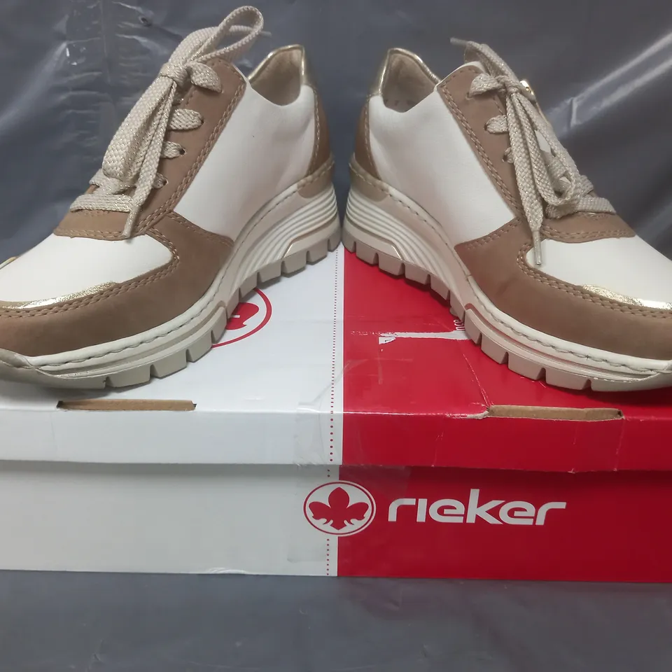 BOXED PAIR OF RIEKER TRAINERS IN BROWN SIZE 4