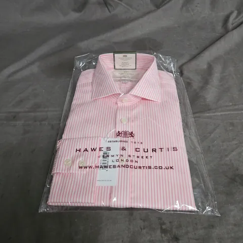 HAWES & CURTIS SLIM FIT BENGAL STRIPE NON-IRON FULL CUTAWAY COLLAR SINGLE CUFF SHIRT IN PINK & WHITE SIZE 15.5/34