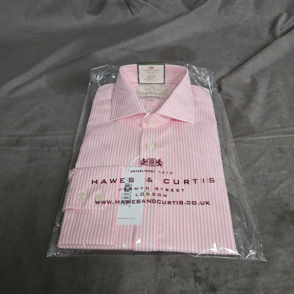 HAWES & CURTIS SLIM FIT BENGAL STRIPE NON-IRON FULL CUTAWAY COLLAR SINGLE CUFF SHIRT IN PINK & WHITE SIZE 15.5/34
