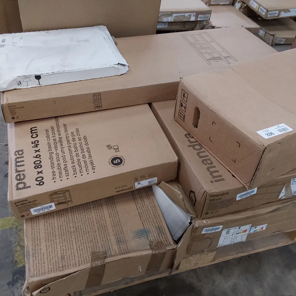 PALLET OF ASSORTED BOXED BATHROOM ITEMS, INCLUDING PERMA HALF COLUMN, PERMA FREE STANDING BASIN CABINET, IMANDRA WALL MOUNT DOUBLE BASIN CABINET. SOFT CLOSE TOILET SEAT.