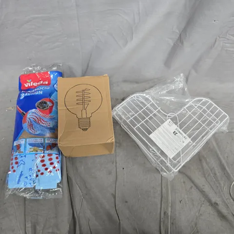 A BOX OF APROXIMATELY 10 ASSORTED  ITEMS TO INCLUDE Vileda Mop Heads Pack; Lightbulb Box Item & White Wire Rack – Mixed Homeware Lot