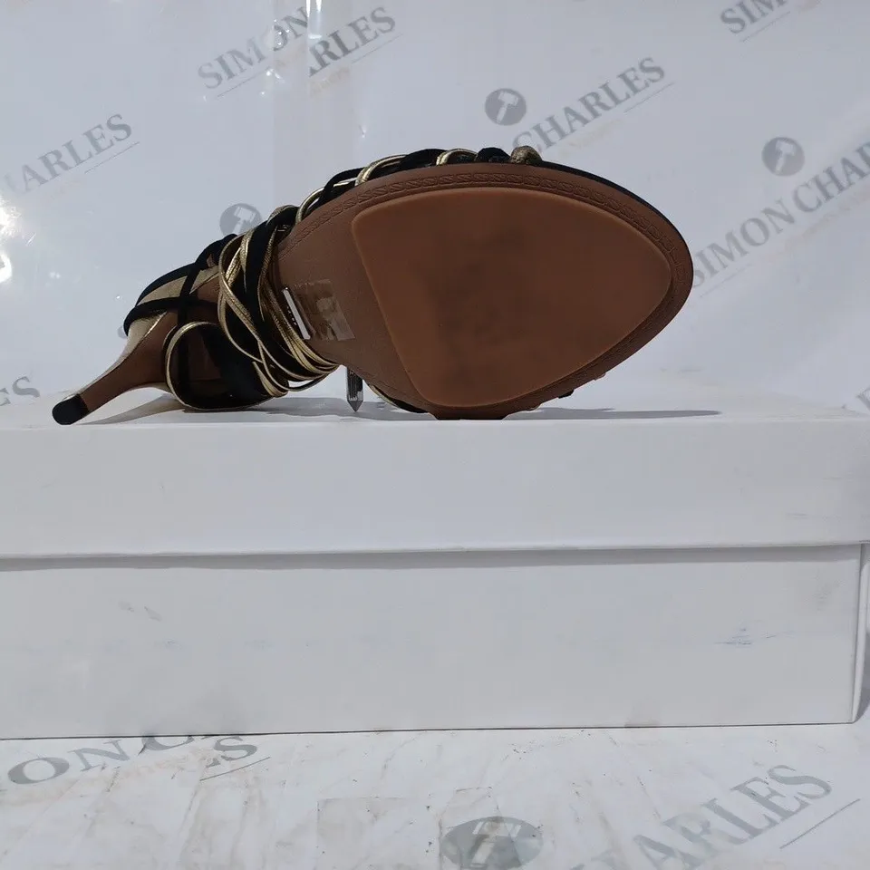 BOXED PAIR OF REISS CASSIDY STRAPPY HEELS IN BLACK/GOLD UK SIZE 4