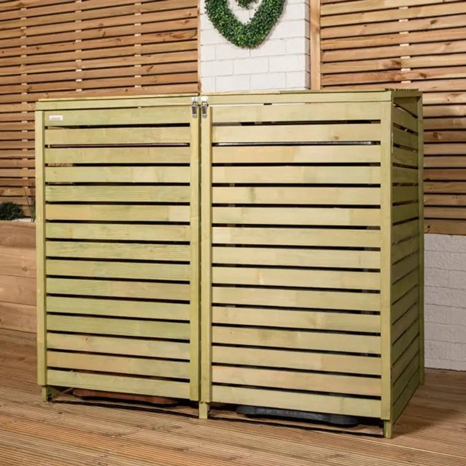 BOXED 1.34M X 1.2M LARGE WOODEN OUTDOOR GARDEN DOUBLE WHEELIE BIN STORE