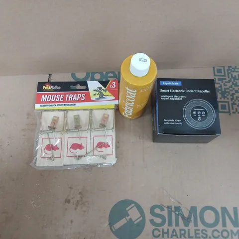 APPROXIMATELY 15 ASSORTED HOUSEHOLD PRODUCTS TO INCLUDE SMART ELECTRONIC RODENT REPELLER, MUSTARD YELLOW FABRIC PAINT, MOUSE TRAPS ETC