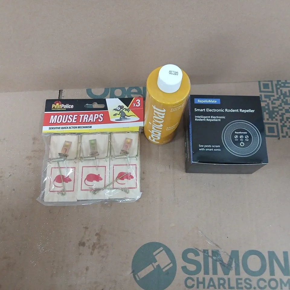APPROXIMATELY 15 ASSORTED HOUSEHOLD PRODUCTS TO INCLUDE SMART ELECTRONIC RODENT REPELLER, MUSTARD YELLOW FABRIC PAINT, MOUSE TRAPS ETC