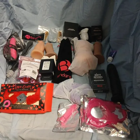 LARGE QUANTITY OF ASSORTED SEX PRODUCTS TO INCLUDE; BONDARA SEX TOY ASSORTMENT – BONDAGE CUFFS, DILDOS AND ACCESSORIES (NSFW)