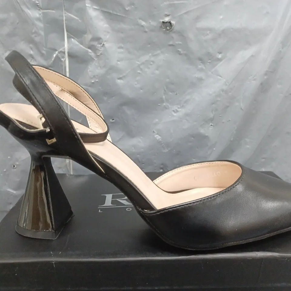 BOXED RAID LONDON CARMELLO HEEL DETAIL ANKLE STRAP SHOES IN BLACK - SIZE 7