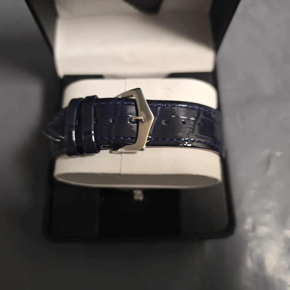 BOXED ERNEST FERDINAND BLUE DIAL GENTS WATCH WITH LEATHER STRAP