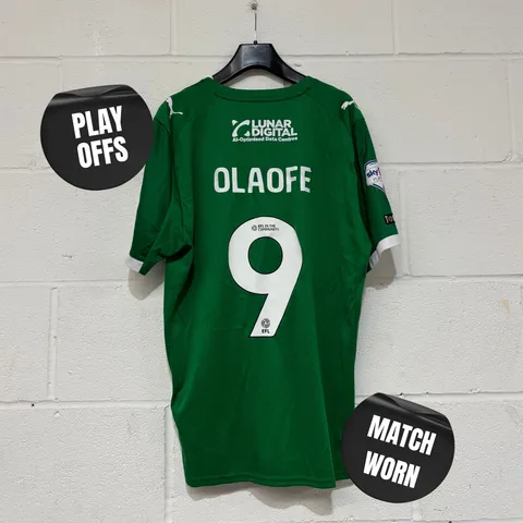 STOCKPORT COUNTY F.C PLAY OFFS MATCH WORN THIRD KIT IN GREEN - UK L / TANTO OLAFE #9