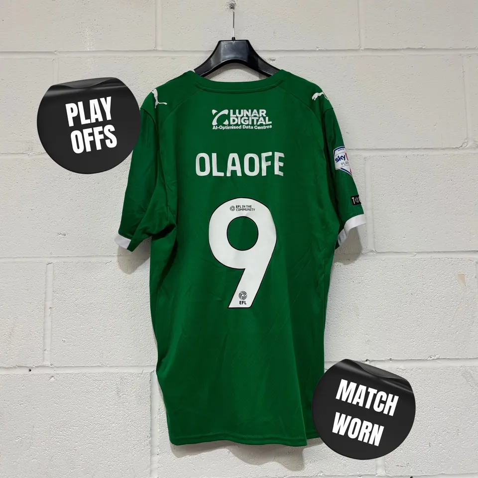 STOCKPORT COUNTY F.C PLAY OFFS MATCH WORN THIRD KIT IN GREEN - UK L / TANTO OLAFE #9
