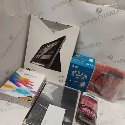 LARGE BOX OF ASSORTED ITEMS TOO INCLUDE LAPTOP COVERS , HEADPHONES , KEYBOARDS , ETC