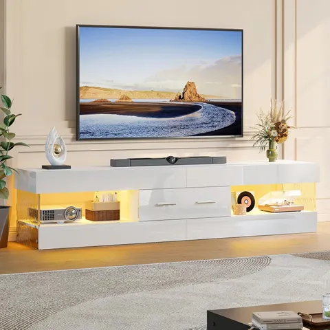 BOXED BESTIER 170CM MODERN TV STAND FOR TVS UP TO 75 INCH, HIGH GLOSS LED ENTERTAINMENT CENTER WITH STONE-PATTERNED DOORS, WHITE