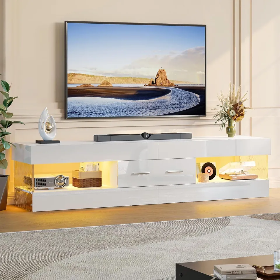BOXED BESTIER 170CM MODERN TV STAND FOR TVS UP TO 75 INCH, HIGH GLOSS LED ENTERTAINMENT CENTER WITH STONE-PATTERNED DOORS, WHITE