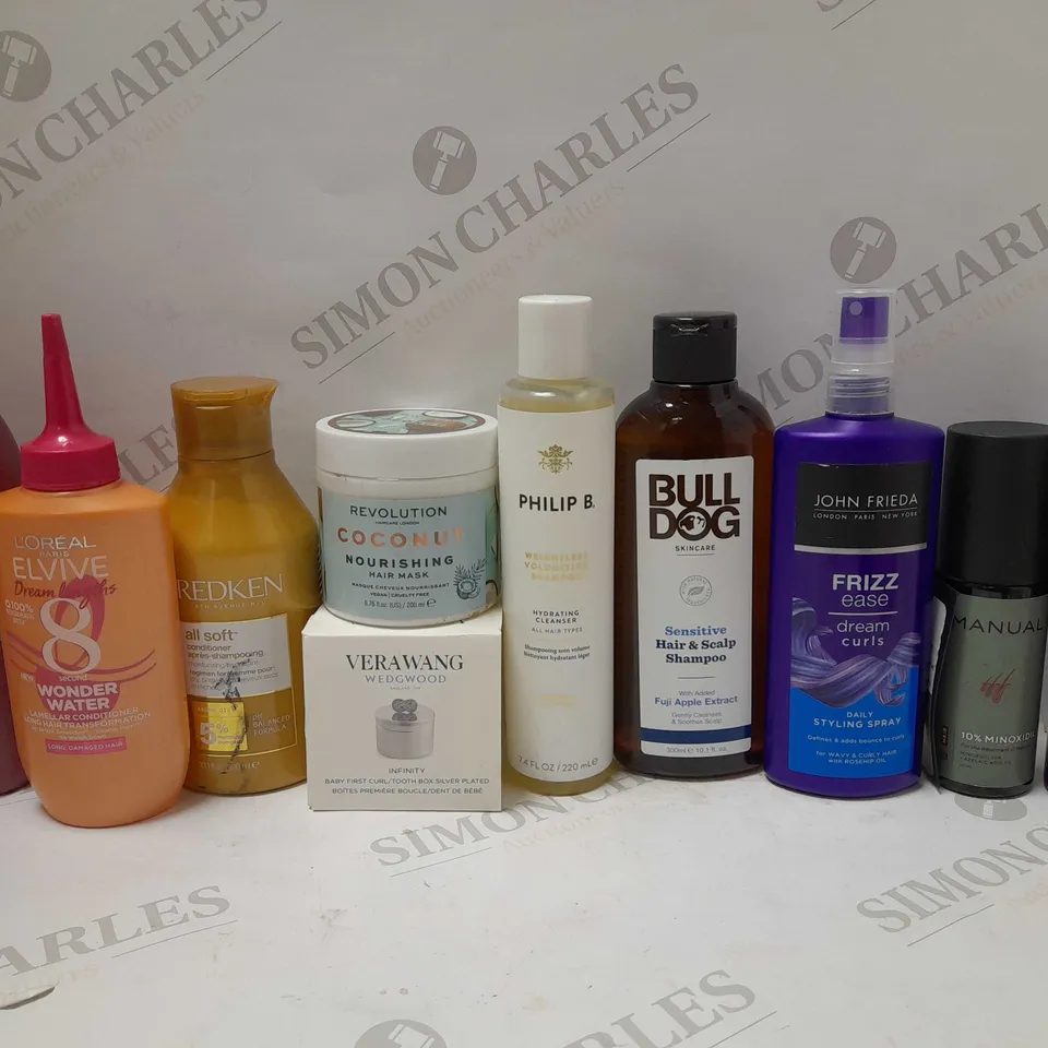 LOT OF APPROX 10 ASSORTED HAIRCARE PRODUCTS TO INCLUDE REVOLUTION MOURISHING HAIR MASK, REDKEN CONDITIONER, JOHN FRIEDA STYLING SPRAY, ETC
