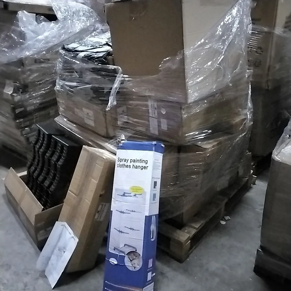PALLET OF HOUSEHOLD ITEMS TO INCLUDE LEVELLING RAMPS, MOTORCYCLE WHEEL CHOCK, STAINLESS STEEL CLOTHES HANGER AND OTHER ASSORTED...