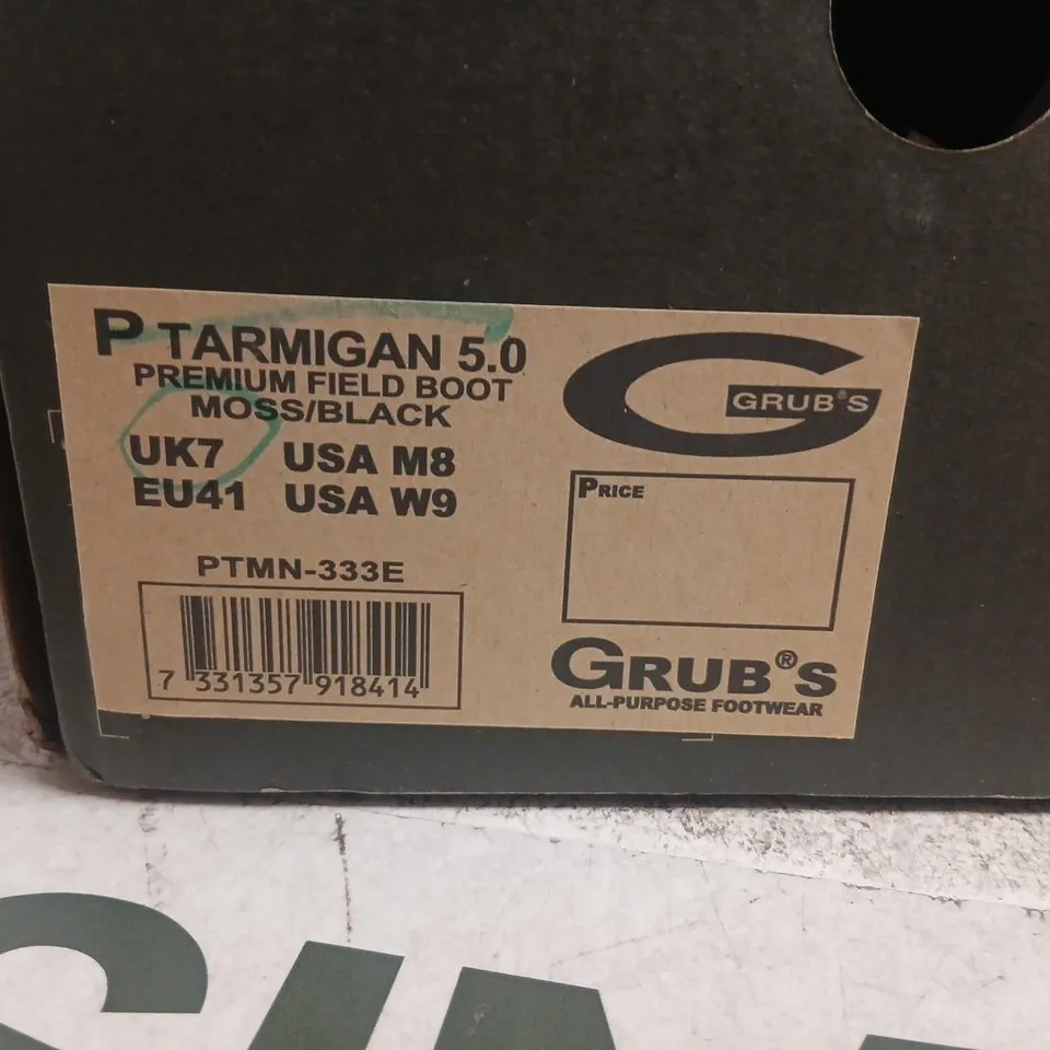 GRUB'S PTARMIGAN 5.0 PREMIUM FIELD BOOT MOSS/BLACK – PAIR  SIZE 7