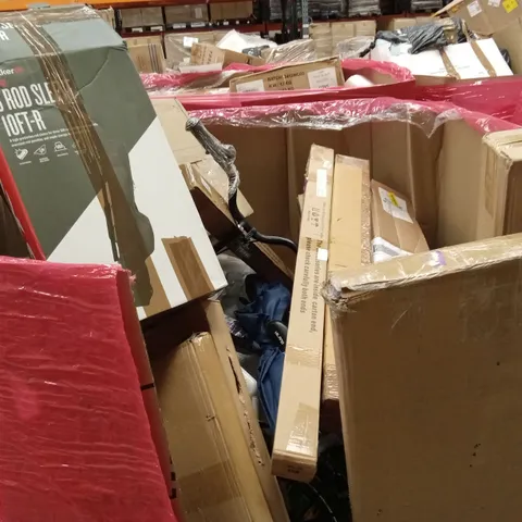 PALLET OF ASSORTED HOUSEHOLD GOODS AND PRODUCTS TO INCLUDE; BIKE, FISHING EQUIPMENT, BOXED FURNITURE ETC
