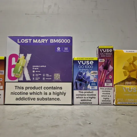 APPROXIMATELY 20 ASSORTED E-CIGARETTE PRODUCTS TO INCLUDE - VUSE POD PACK , VUSE GO 1000 , LOST MARY 