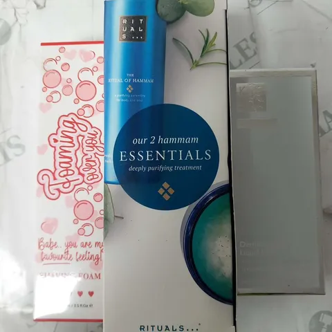 SIX ASSORTED PRODUCTS TO INCLUDE; RITUALS OUR 2 HAMMAM ESSENTIALS DEEPLY PURIFYING TREATMENT, KATE SOMERVILLE DERMAL QUENCH LIQUID LIFTY ADVANCED HYDRATION TREATMENT AND FOAMING OVER YOU SHAVING FOAM