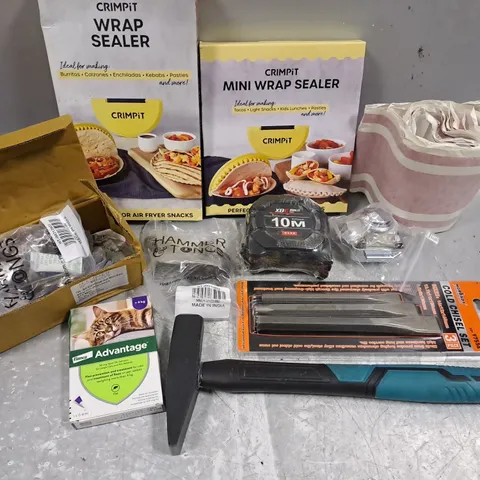 ASSORTED HOUSEHOLD ITEMS TO INCLUDE MINI WRAP SEALER, TAPE MEASURE, COLD CHISEL SET, ETC 