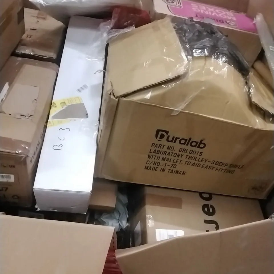 A PALLET CONTAINING ASSORTED HOUSEHOLD GOODS AND PRODUCTS TO INCLUDE; TV WALL MOUNT, KIDS CHAIR, STEAM CLEANER, BOXED FURNITURE ETC