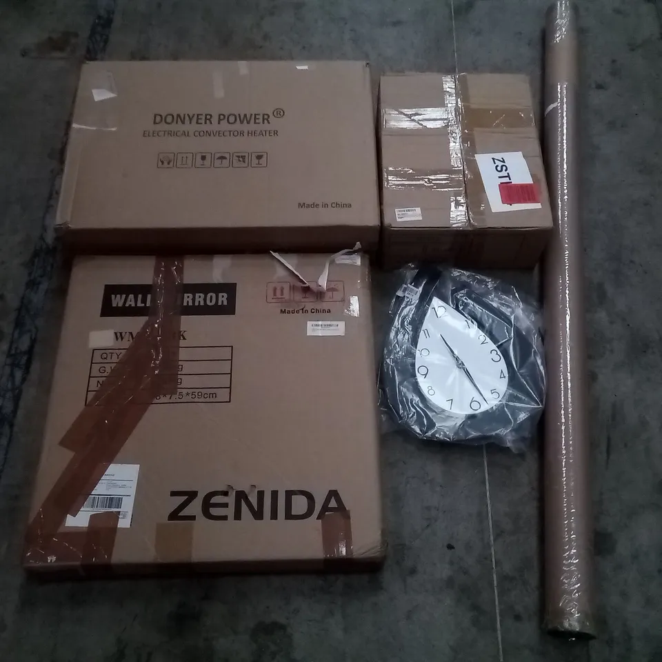 PALLET OF ASSORTED ITEMS INCLUDING DONYER POWER ELECTRIC CONVECTOR HEATER, ZENIDA WALL MIRROR, TEARDROP WALL CLOCKS FLOOR LAMP, WEIGHTED BLANKET FOR KIDS 