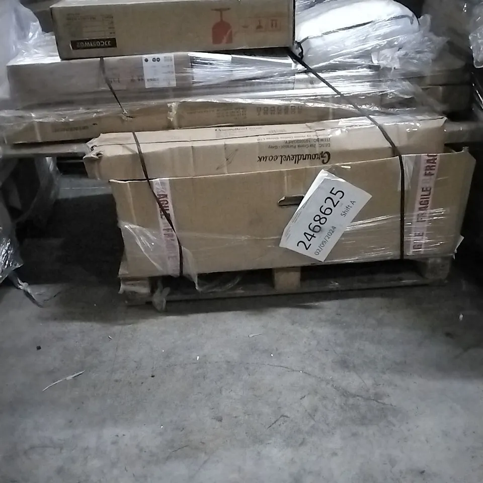 PALLET OF HOUSEHOLD ITEMS TO INCLUDE 15KG CONCRETE PARASOL BASE BLACK, 2M CRANK PARASOL, JEWELLERY CABINET AND OTHER ASSORTED ITEMS...