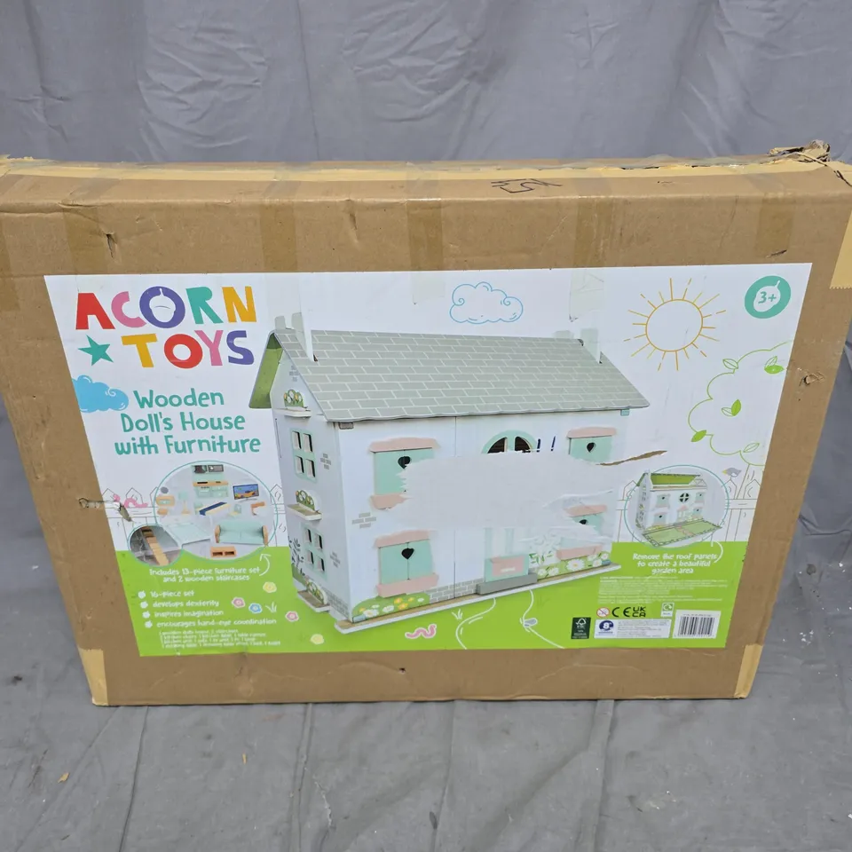 BOXED ACORN WOODEN DOLLHOUSE WITH FURNITURE