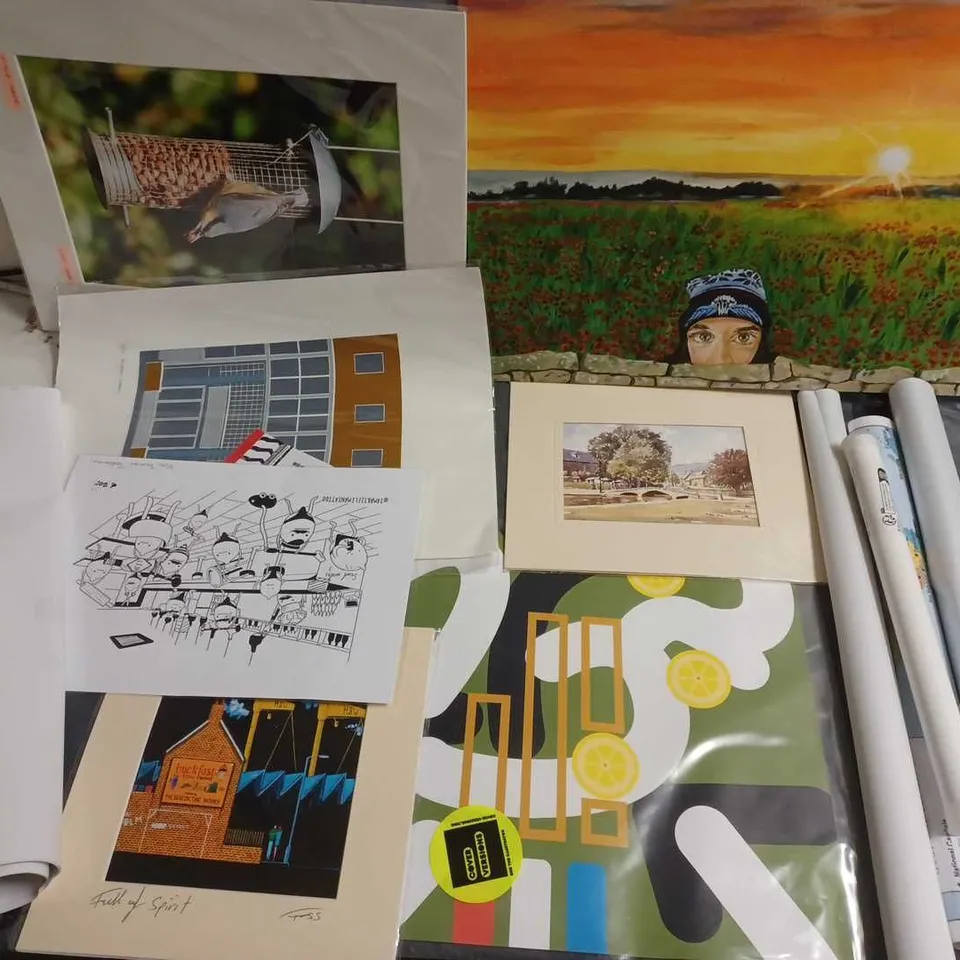 LARGE QUANTITY OF ASSORTED PIECES OF ART TO INCLUDE LANDSCAPES, BILL BUNT PRINT AND PEANUT PRINT