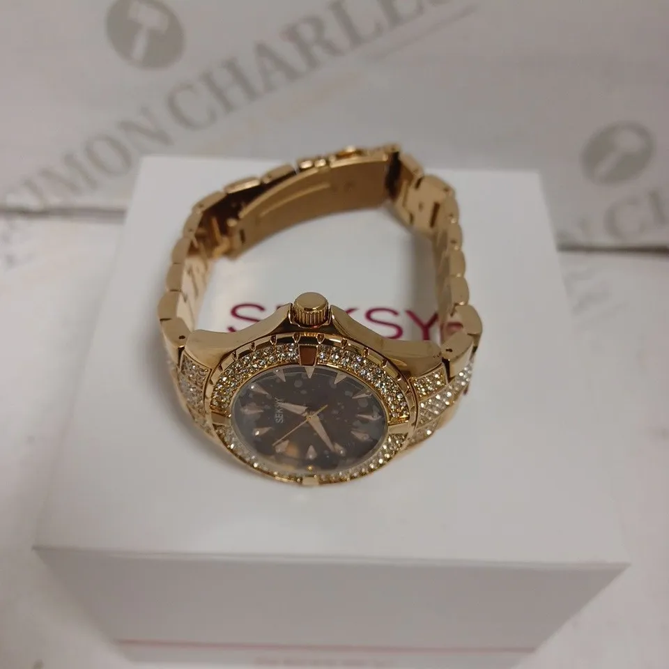 BOXED SEKSY BY SEKONDA LADIES ROSE GOLD STONE SET WATCH WITH STAINLESS STEEL BRACELET - JAPAN MOVEMENT - 3 ATM.