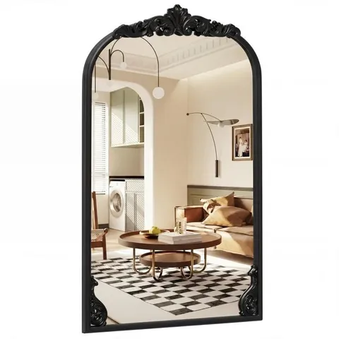 BOXED DRAMATIC ARCHED WALL MIRROR WITH BAROQUE ORNATE FRAME-M