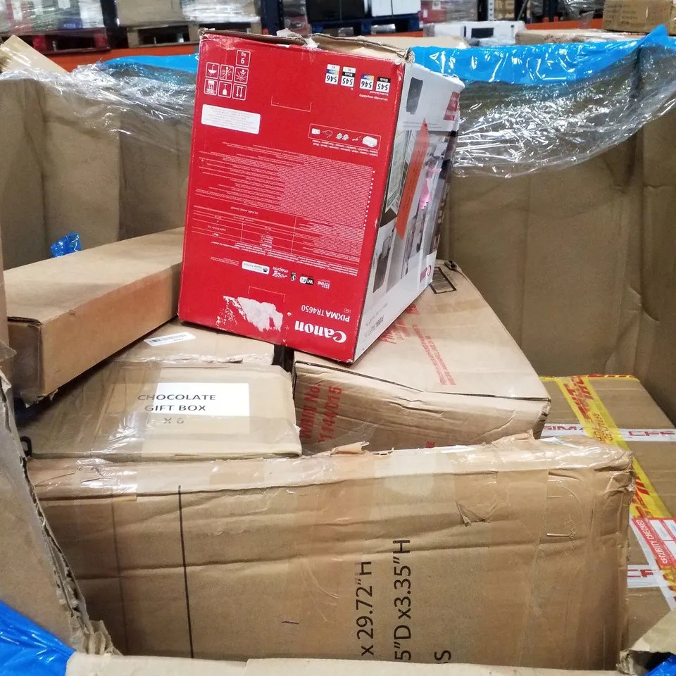 PALLET CONTAINING ASSORTED PRODUCTS TO INCLUDE AIR FRYER, NESTING COFFEE TABLES, COMPUTER DESK WITH SHELVES, CANON PIXMA PRINTER