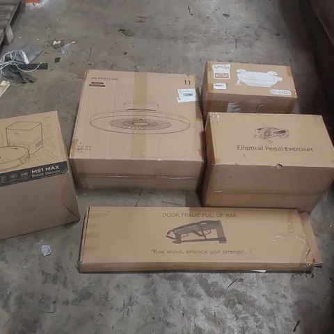 PALLET OF ASSORTED ITEMS INCLUDING: ROBOT VACUUM, ELLIPTICAL PEDAL EXERCISER, FAN LIGHT, PULL-UP BAR ECT