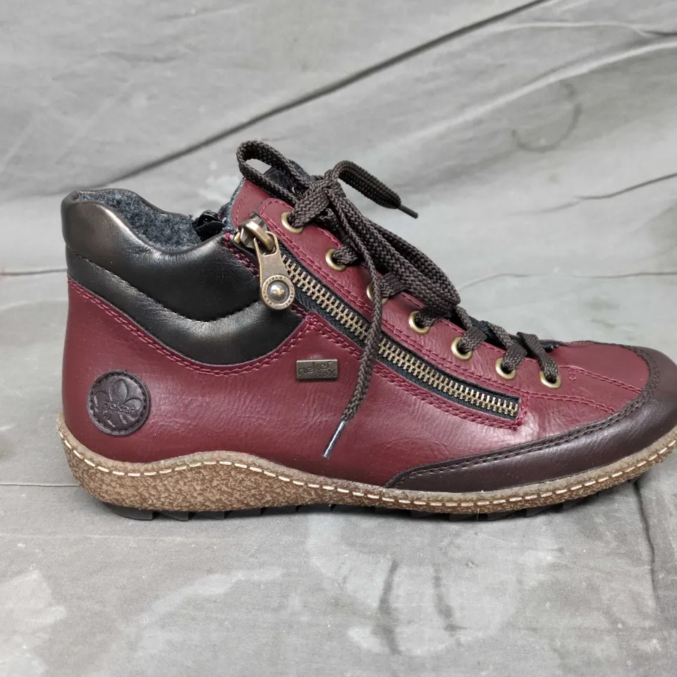 RIEKER WOMEN'S BURGUNDY LEATHER ANKLE BOOTS – LACE-UP WITH SIDE ZIP - SIZE 39