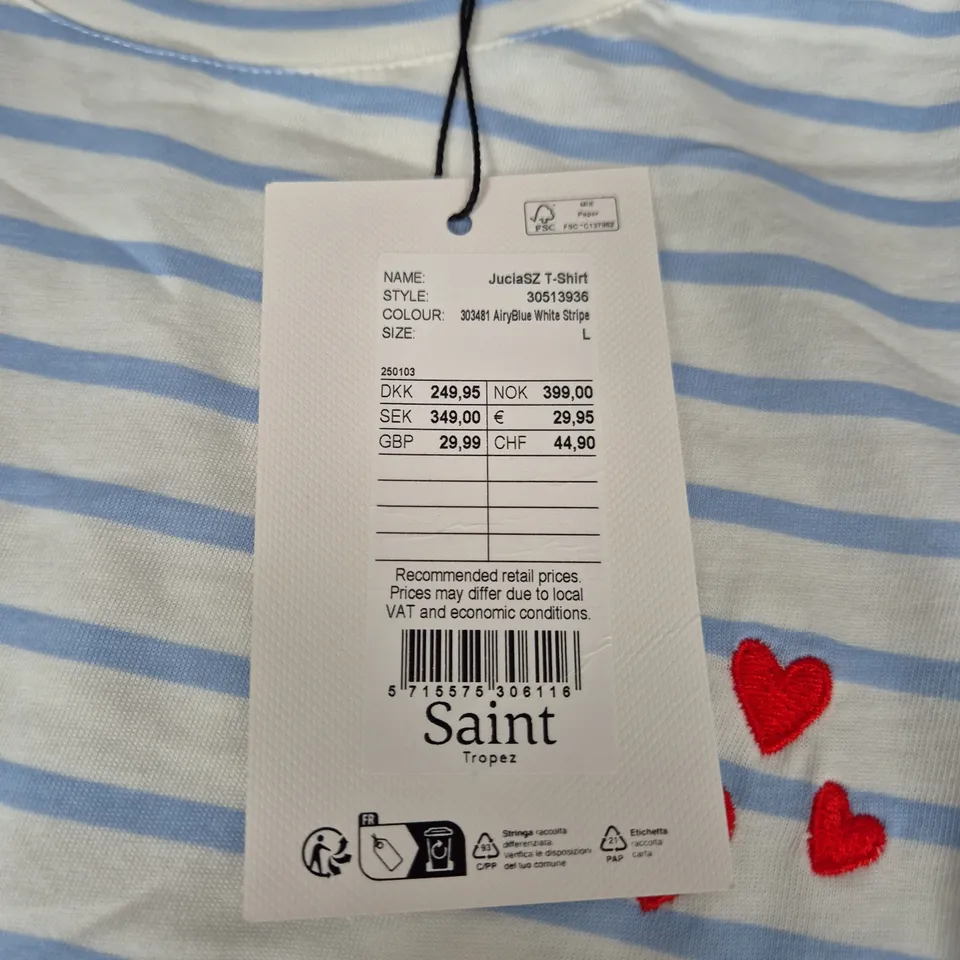 SAINT TROPEZ STRIPED T-SHIRT – AIRBLUE & WHITE, SIZE L