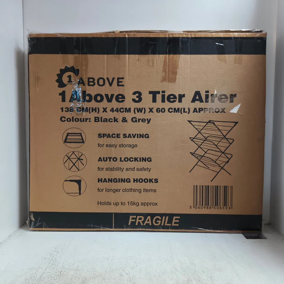 1 ABOVE 3-TIER AIRER – CLOTHES DRYING RACK, BLACK & GREY (BOXED)
