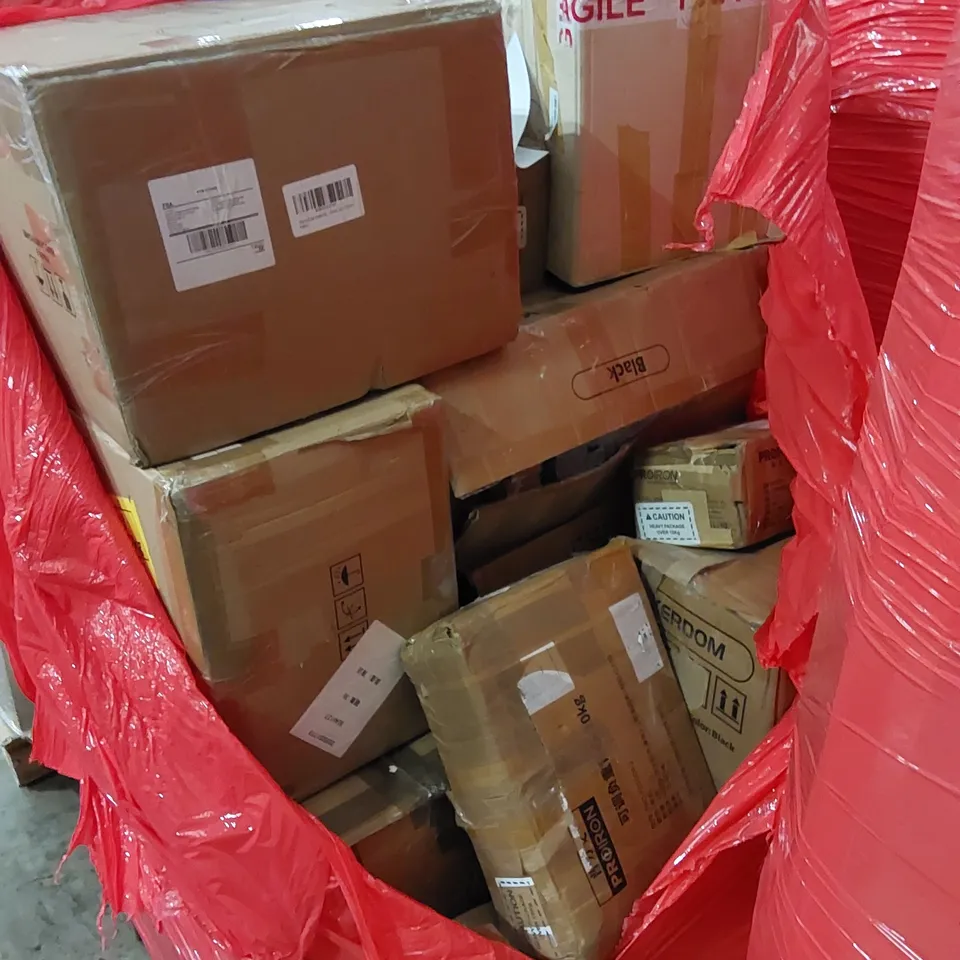 PALLET TO CONTAIN ASSORTED HOUSEHOLD ITEMS AND CONSUMER PRODUCTS. INCLUDING BARSTOOL, BOXED FURNITURE ETC