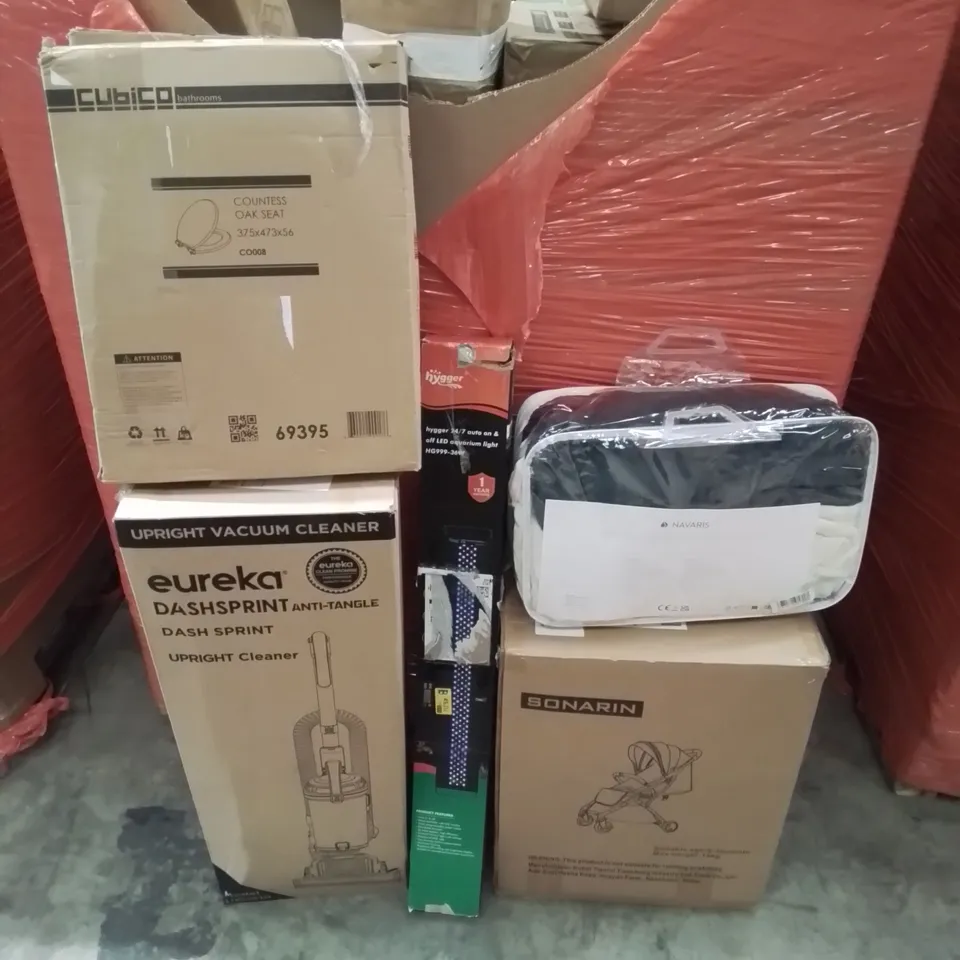 PALLET CONTAINING VARIOUS ASSORTED BOXED HOUSEHOLD ITEMS TO INCLUDE: UPRIGHT VACUUM,  SONARIN PUSHCHAIR, LED AQUARIUM LIGHT, HEATED THROW, AND LOTS MORE UNMARKED BOXED ITEMS 