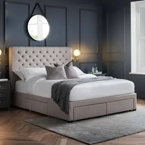 WILTON DEEP BUTTONED 4 DRAWER BED 150CM KING SIZE GREY LINEN FABRIC (3 BOXES)