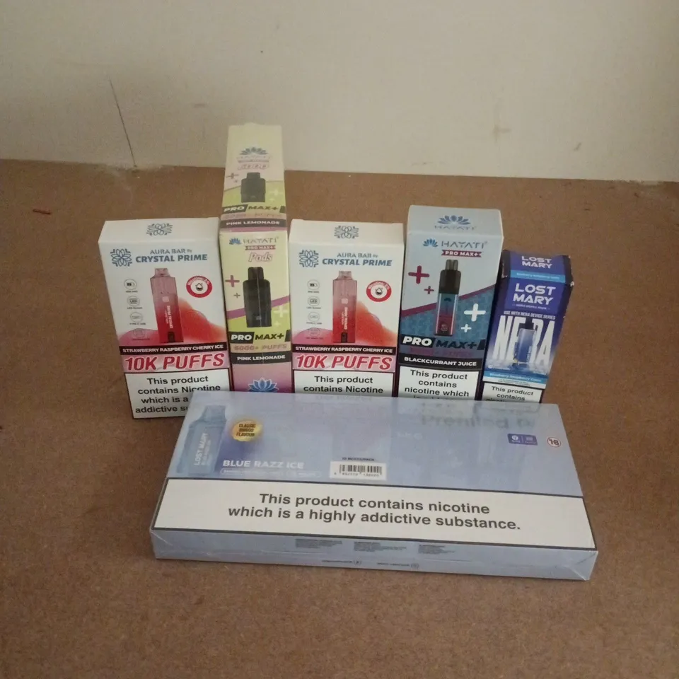 APPROXIMATELY 20 ASSORTED E-CIGARETTE PRODUCTS TO INCLUDE BRANDS SUCH AS LOST MARY, HAYATI, CRYSTAL PRIME, ETC - COLLECTION ONLY