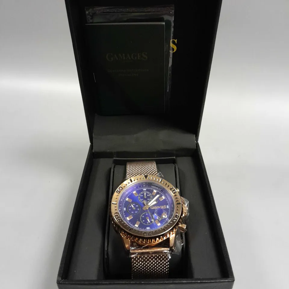 BOXED GAMAGES DOMINANCE ROSE GOLD STAINLESS STEEL WATCH 