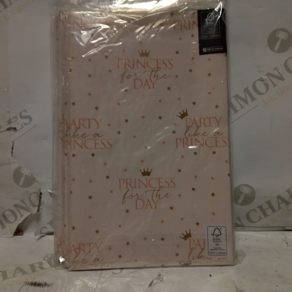 BOX OF APPROXIMATELY 160 BRAND NEW PARTY PRINCESS FLAT WRAP AND GIFT TAGS (8 PER BAG, 20 BAGS IN BOX)