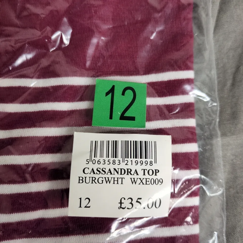 CREW CLOTHING CASSANDRA TOP – BURGUNDY & WHITE STRIPE, UK 12