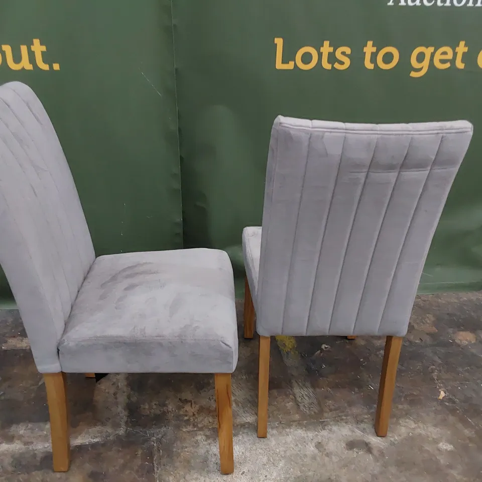 PAIR UPHOLSTERED DINING CHAIRS GREY PLUSH FABRIC ON NATURAL WOOD LEGS 