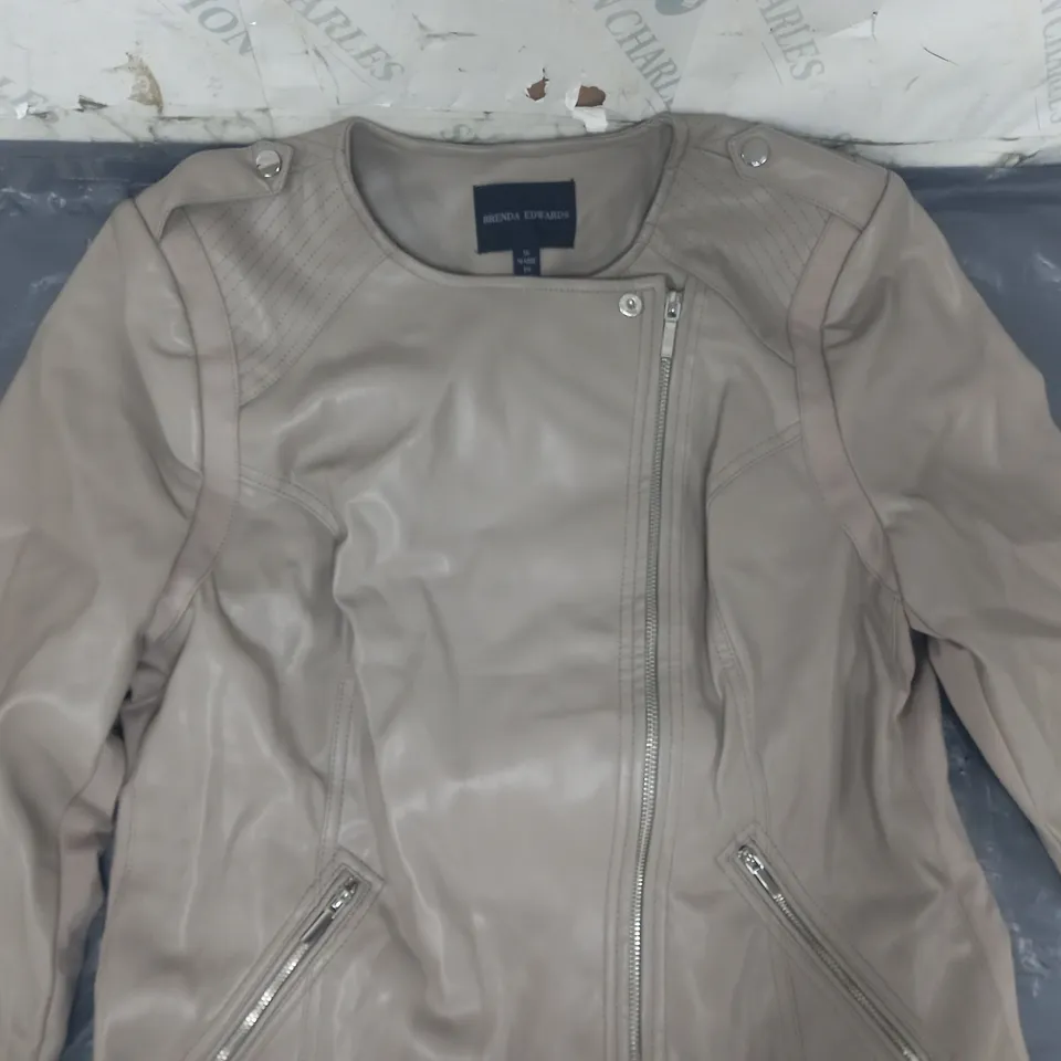BRENDA EDWARDS FAUX LEATHER BIKER JACKET IN STONE SIZE 16