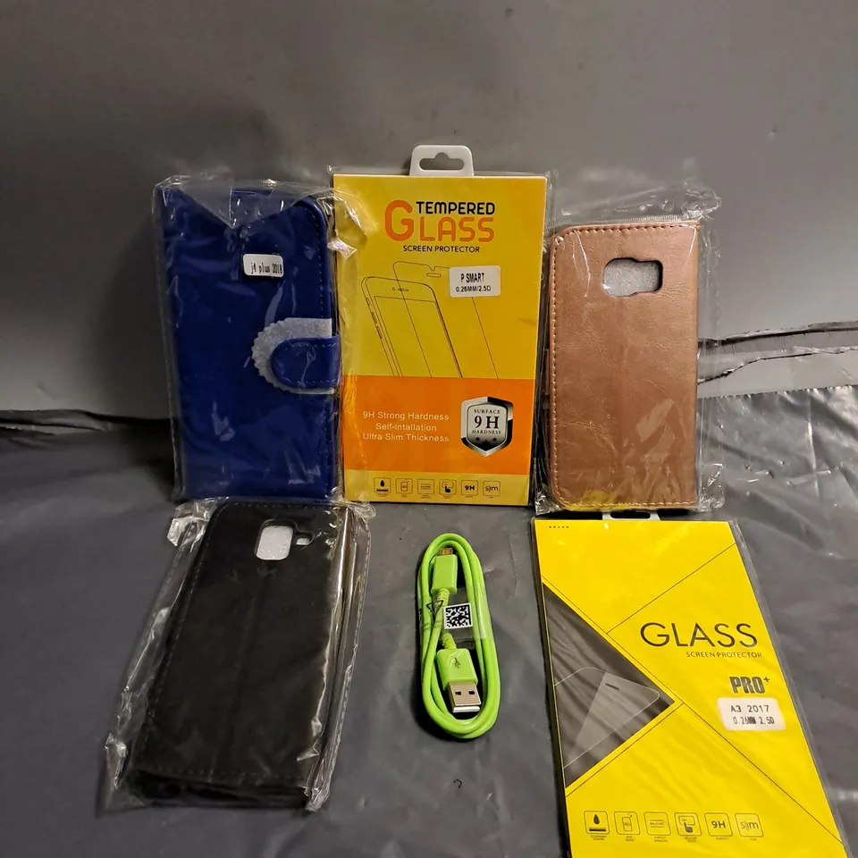 BOX OF APPROXIMATELY 15 ASSORTED ITEMS TO INCLUDE -PRO TEMPERED GLASS SCREEN PROTECTOR , PHONE CASES , PHONE CABLE 